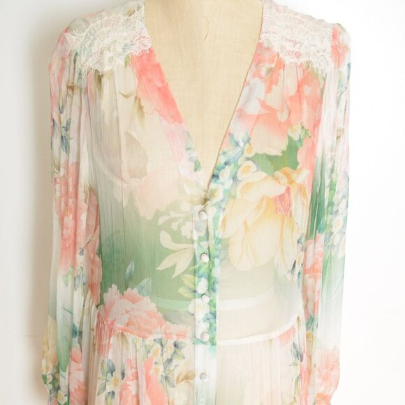 Johnny Was silk dress ruksana sheer floral print boho hippie sheer maxi long M - Picture 2 of 9